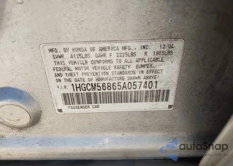 2005 Honda Accord 2.4 Ex из США, поврежденный, VIN 1HGCM56865A057401